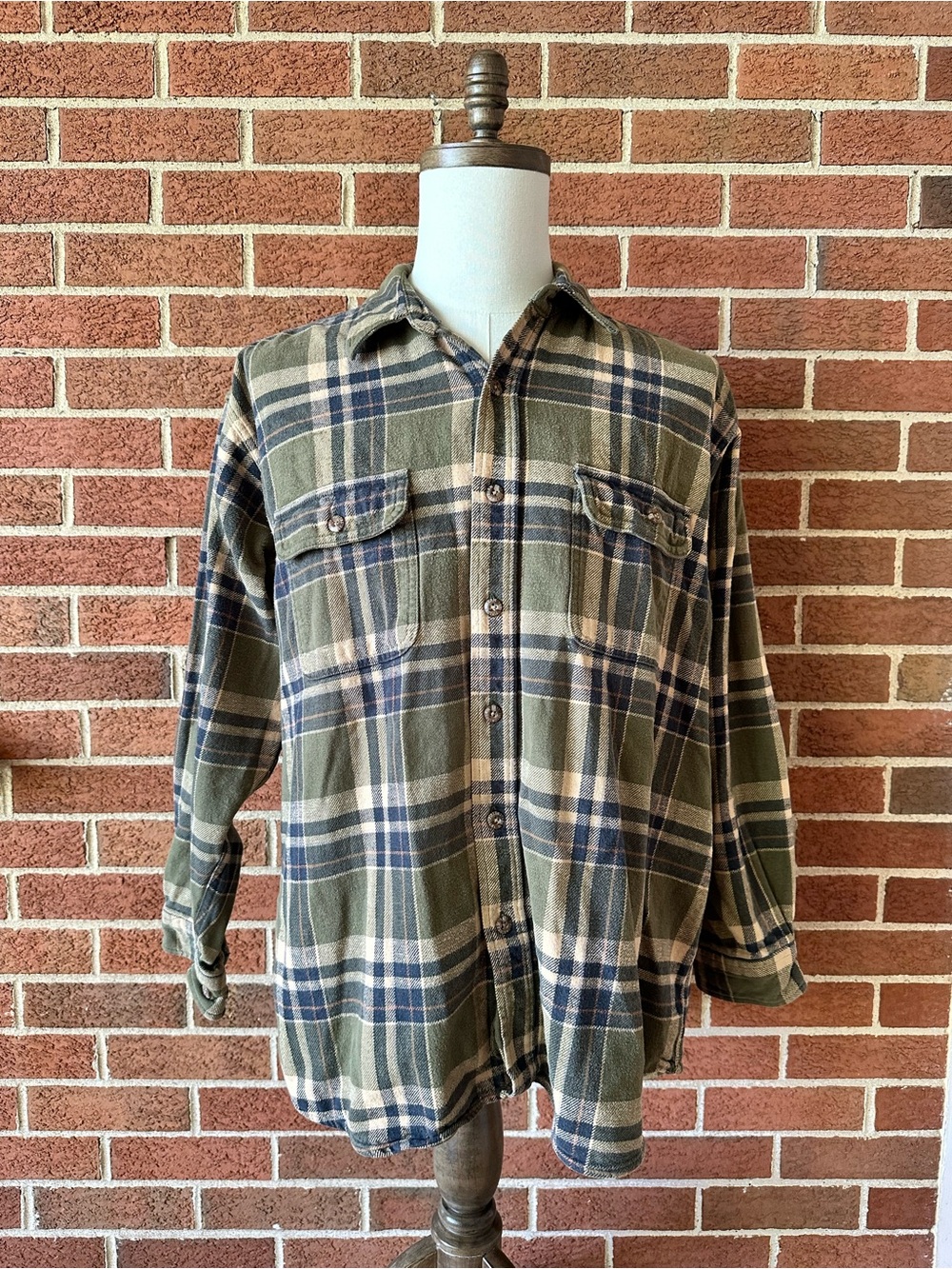 Field & Stream Mens Flannel Plaid Button-Up Shirt Green Blue Beige XL